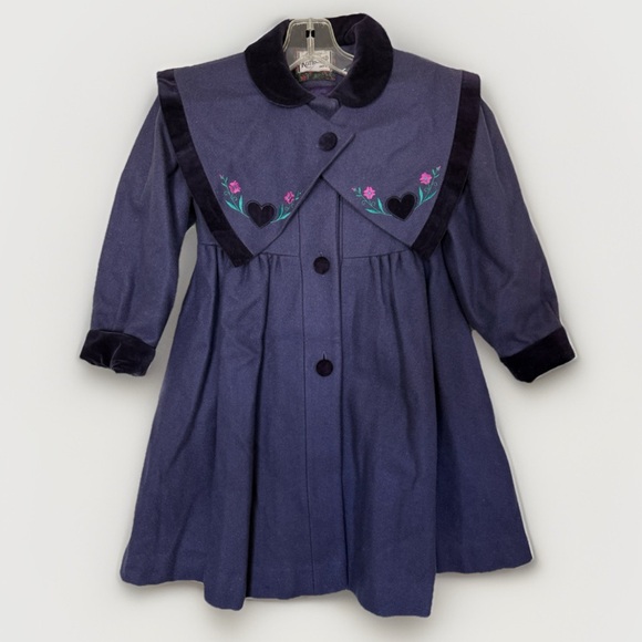 Vintage Rothschild Girls Wool Coat 6/6X Purple Velvet Trim Embroidered Hearts